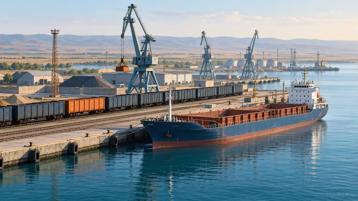 Судно типа «река - море» у причала порта рядом с железнодорожным составом